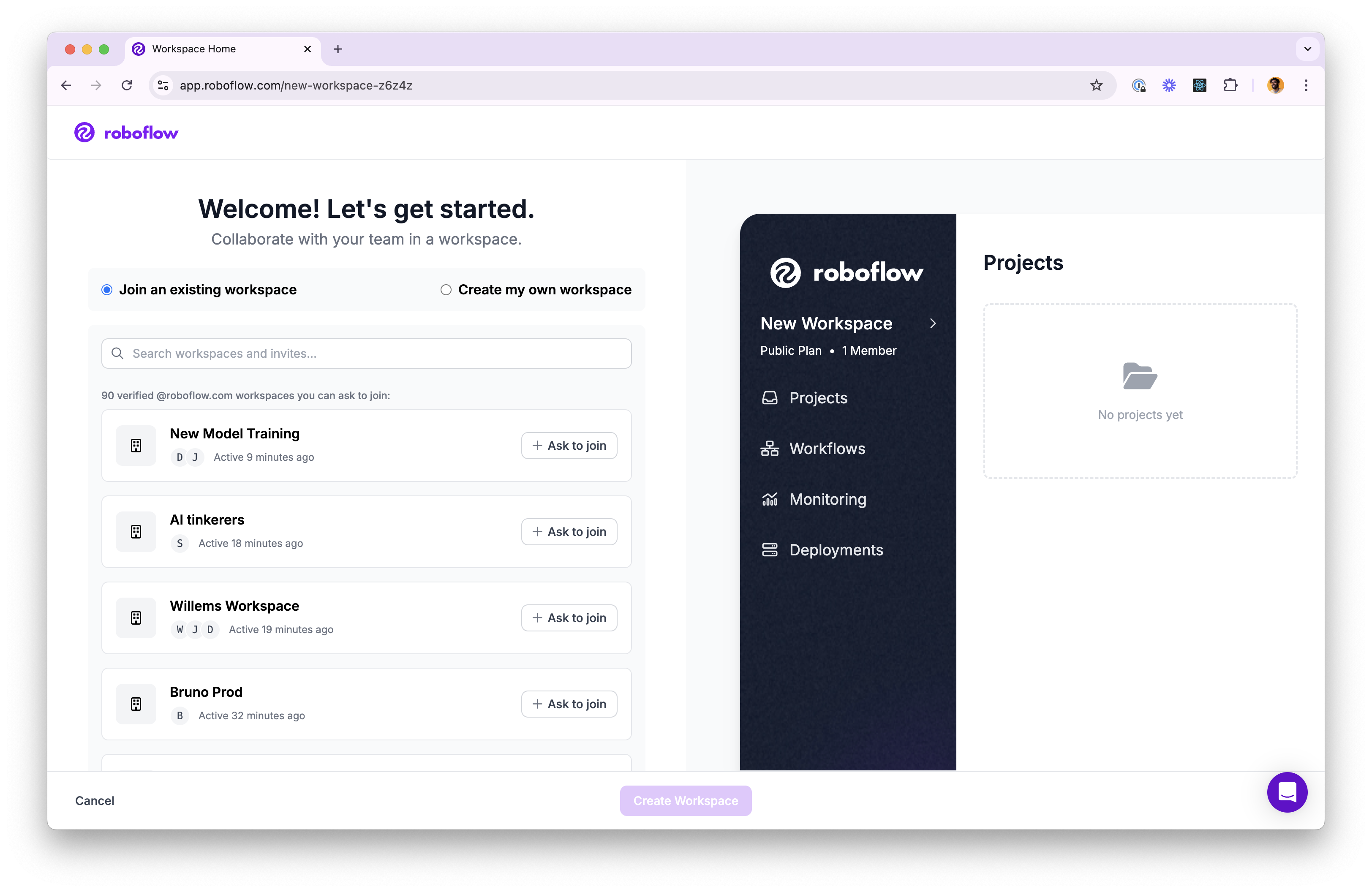 Workspace Creation Menu: Selecting a Workspace Name